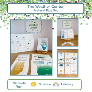 May include: A pretend play set called "The Weather Center" with various educational elements. Includes state cards, a weather map, weather symbol cards, and a weather station display. The set promotes dramatic play, science, and literacy.