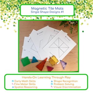 Pode incluir: Tapetes de azulejos magnéticos com designs de formas únicas. A imagem mostra azulejos magnéticos coloridos e designs impressos com formas. O texto na imagem diz "Aprendizagem prática através do jogo" e lista habilidades.