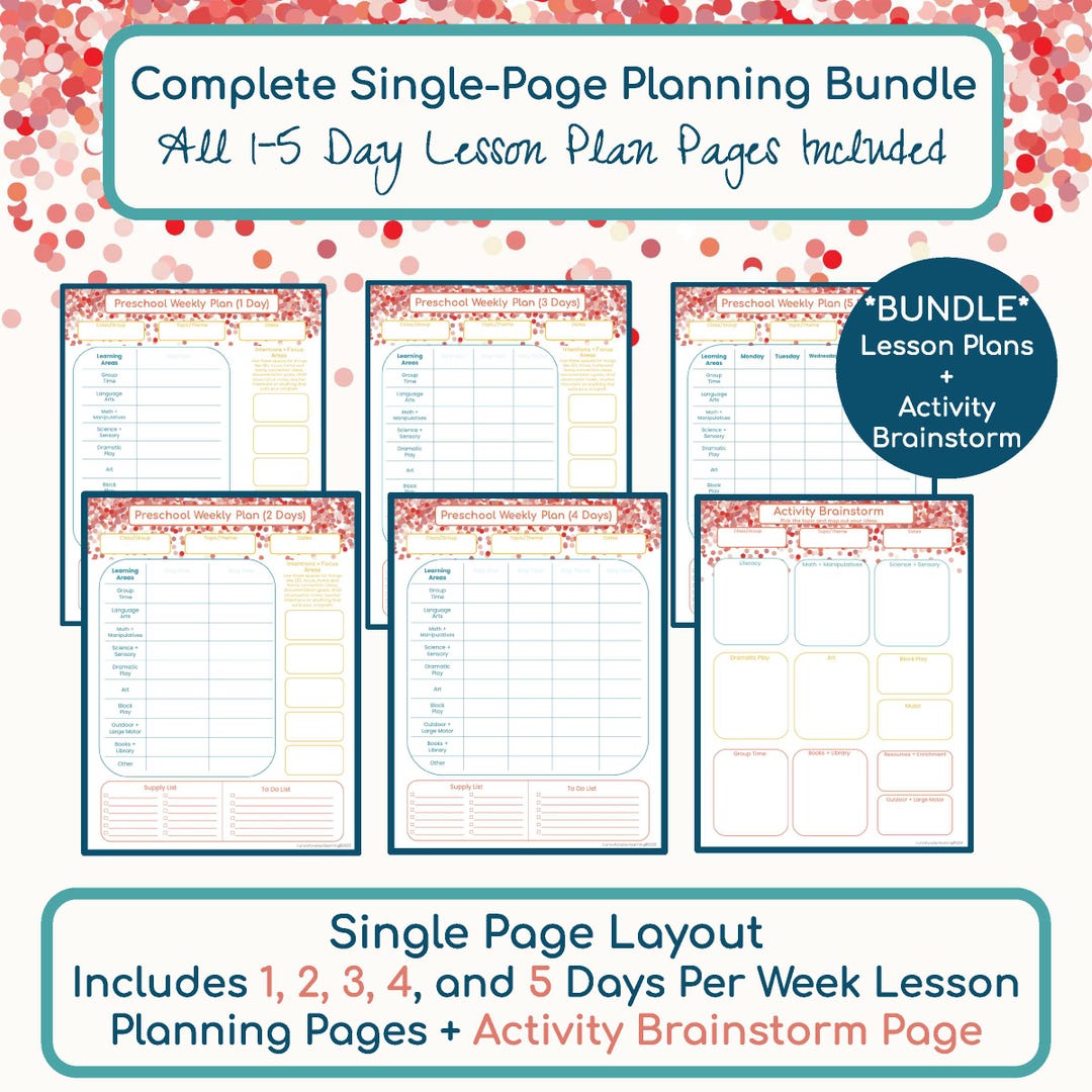 Preschool Weekly Lesson Plan Bundle – Single-page Printables – 1–5 Day ...
