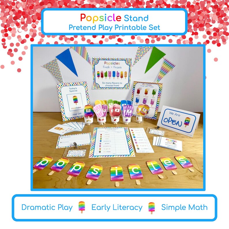 May include: A popsicle stand pretend play printable set featuring colorful signs, banners, and paper cutouts. Includes a 'We Are OPEN' sign, a 'Today's Special' rainbow popsicle card, flavor charts, and a banner spelling 'popsicles' with rainbow-colored letters.