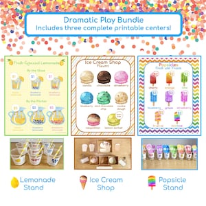 May include: A printable dramatic play bundle featuring three themed sets: a lemonade stand with menu and cups, an ice cream shop with flavor charts and cutouts, and a popsicle stand with price signs and colorful popsicle sticks for pretend play.