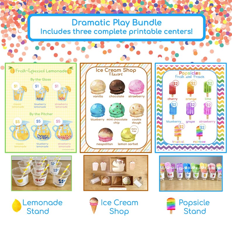 May include: A printable dramatic play bundle featuring three themed sets: a lemonade stand with menu and cups, an ice cream shop with flavor charts and cutouts, and a popsicle stand with price signs and colorful popsicle sticks for pretend play.