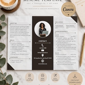 May include: A professional resume template for translators featuring a three-column layout with a dark brown center panel, a circular headshot, and sections for About Me, Skills, Languages, Education, Work Experience, and Contact information.