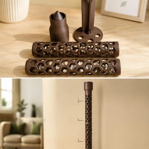 May include: A brown modular support system featuring two cylindrical components with a hexagonal honeycomb pattern, a base piece with a central post, and a conical cap. The assembly is shown standing vertically with a height measurement guide.