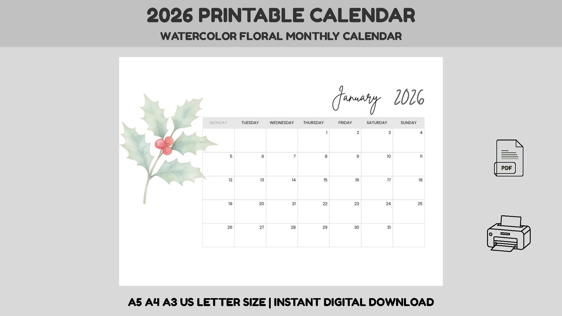 Printable Calendar 2026 | Watercolor Monthly Planner | Sunday & Monday ...