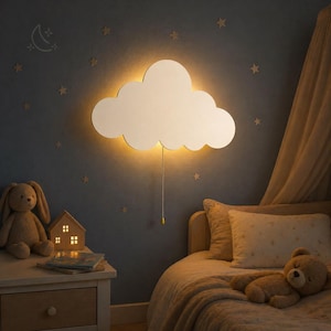 Luminária de parede em formato de nuvem de madeira – Luz noturna LED para quarto infantil, decoração para quarto de bebê, luminária em formato de nuvem a bateria com corrente para puxar