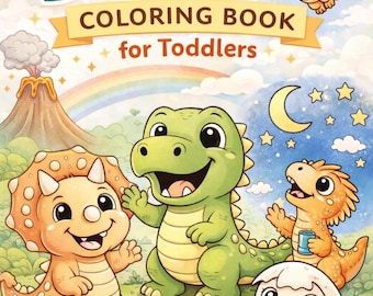 Pode incluir: Capa de livro de colorir infantil com o texto "Cute Dinos COLORING BOOK for Toddlers". A capa mostra dinossauros de desenho animado em uma paisagem colorida com um arco-íris, um vulcão e um céu noturno.