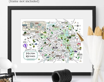 Milton Keynes Illustrated Map Mounted Print A4 A3 | MK | Olney | Stony Stratford