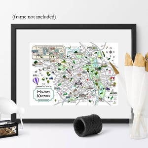 Milton Keynes Illustrated Map Mounted Print A4 A3 | MK | Olney | Stony Stratford