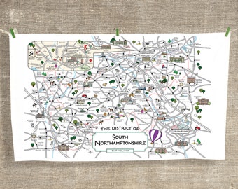 South Northamptonshire Cute Map Gift Tea Towel | Northampton | Brackley | Banbury | Silverstone | Milton Keynes | Towcester | Blisworth