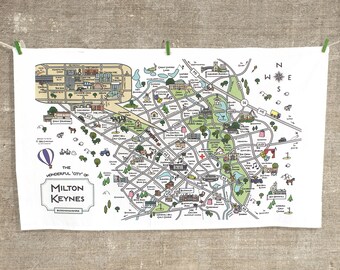 Milton Keynes Cute Map Tea Towel | MK Map | Olney | Stony Stratford | Wolverton