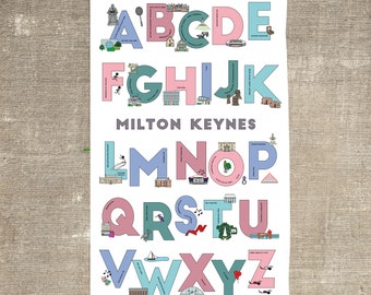 Milton Keynes A to Z Tea Towel: Illustrated Cotton Kitchen Decor