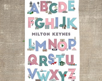 Milton Keynes A to Z Tea Towel | Bletchley | MK Dons | Xscape | Willen Lake | Stony Stratford | Wolverton | Enigma Machine | Peace Pagoda