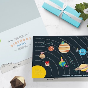 Datos del sistema solar y divertida tarjeta de cumpleaños sobre el espacio / Espacio / Los planetas / Astronomía / Divertida tarjeta espacial / Saturno / El Sol / Júpiter / La Luna