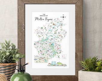 Milton Keynes Borough Illustrated Map Mounted Print A4 A3 | MK | Olney | Stony Stratford | Castlethorpe