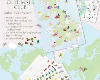 3 month Map & Sticker Club subscription | Make your own custom cute illustrated maps | Travel lovers gift and family activity