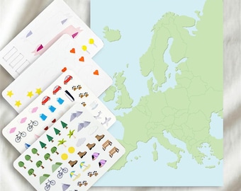 DIY Europe Map | Travel gift or document travel memories on an illustrated sticker map | Wall decor, collectible or family activity