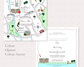 Custom Map Wedding Invitation or Info Card - Colour Accent | Luxury Invitation | Square Invitation | Unique Invitation | Destination Wedding