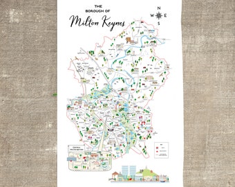 Milton Keynes Cute Map Tea Towel | MK Map | Olney | Stony Stratford | Wolverton | Bletchley
