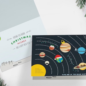 Puede incluir: Una tarjeta de felicitación navideña con un diseño del sistema solar. La tarjeta presenta planetas decorados con sombreros y adornos festivos. El interior dice: "Wishing you warm Christmas wishes and a happy new year."