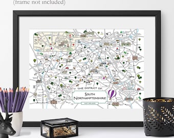 South Northamptonshire Illustrated Map Mounted Print A4 A3 | Northampton | Towcester | Brackley