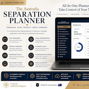 May include: A digital separation planner displayed on a laptop and smartphone screen. The interface shows a dashboard with progress charts, task lists, and module trackers. Text includes The Australia Separation Planner, Organise, Plan, Protect, Move Forward, and various feature labels like Stay Organised, Legal Preparedness, and Evidence Vault.