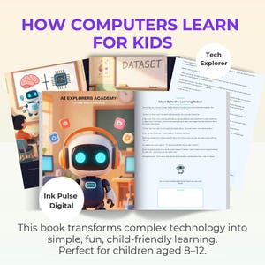 Może przedstawiać: Książka edukacyjna pod tytułem AI Explorers Academy, przedstawiająca na okładce robota ze świecącymi niebieskimi oczami i pomarańczowymi słuchawkami. Strony zawierają tekst o uczącym się robocie, ilustracje mózgu i chipa oraz słowo DATASET.