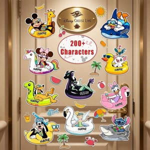 May include: A collection of Disney Cruise Line door decorations featuring various characters in inflatable floats. The decorations include Mickey Mouse, Minnie Mouse, Donald Duck, and others. The text "200+ Characters" is also visible.