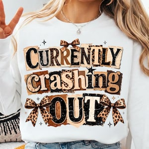 Currently Crashing Out PNG, Retro Preppy Leopard Bow Graphic (Digital Download)