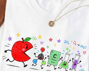 Funny Back to School Chemistry PNG, Cute Apple Chasing Molecules Periodic Table Science Doodle, Chemistry Teacher Graphic STEM Classroom PNG