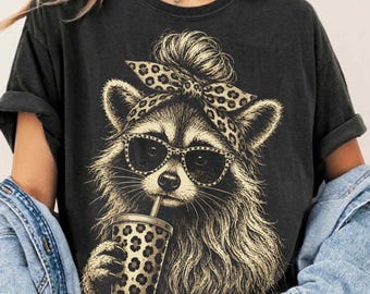 Coffee Raccoon PNG, Messy Bun Panda, Leopard Print Coffee Lover, Cute Woodland Animal, Coquette Raccoon, Boutique Style, Digital Download