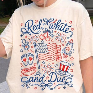 Red White And Due PNG, 4th Of July Pregnancy Reveal PNG, Coquette Bow Patriotic Baby Announcement Design, Cute America Pregnancy Reveal PNG