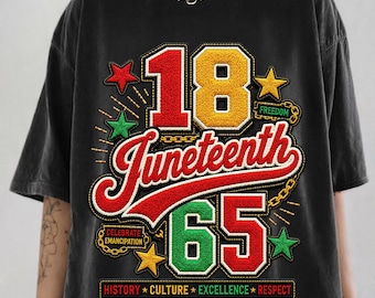 May include: A black t-shirt featuring a graphic design with the text 18 Juneteenth 65. The design includes red, yellow, and green colors, star accents, and the words Celebrate Emancipation, Freedom, History, Culture, Excellence, and Respect.