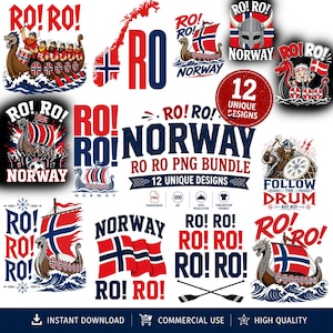 May include: A digital collection of 12 graphic designs featuring Viking ships, the Norwegian flag, and the text RO! RO! NORWAY. The illustrations include cartoon Vikings, drums, and nautical elements in red, white, blue, and dark navy color palettes.