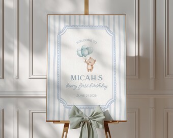 Beary First Birthday Welcome Poster Sign, Beary Sweet Blue Birthday Sign