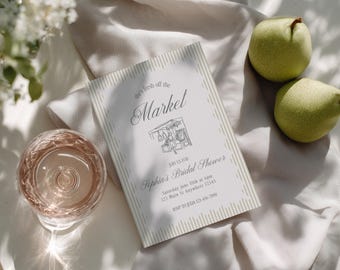 Invitación nupcial "She's Fresh Off The Market" (Recién llegada del mercado) - Plantilla digital editable de Canva con rayas verde salvia.