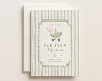 Baby Shower Sage Green Striped Stroller Canva Invitation Editable Digital Template