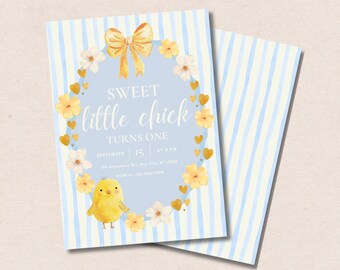 Sweet Little Chick Birthday Light Blue Yellow Invitation Digital Editable Canva Template