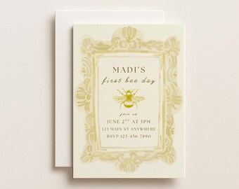 Yellow First Bee Day Ornate Whimsical Template Digital Download Editable Canva Design