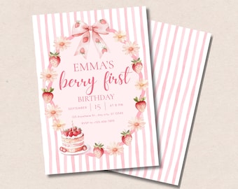 Berry First Strawberry Girl Birthday Digital Invitation Canva Template