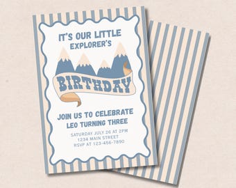 Our Little Explorer's Blue Boy Birthday Digital Invitation Canva Template