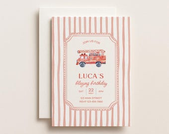 Blazing Birthday Firetruck Boy Birthday Party Digital Download Invitation Canva Template