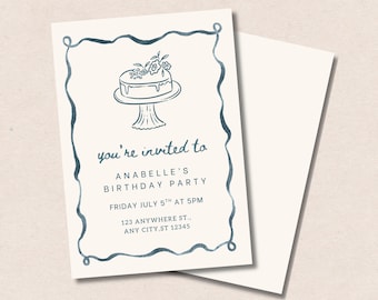 Simple Beige Blue Birthday Cake Invitation Digital Canva Template