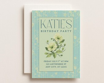Vintage Floral Green Birthday Party Invitation Digital Canva Template