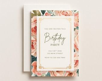 Coral Rose Floral Birthday Editable Digital Invitation Canva Template