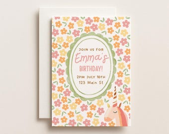 Bright Flower Unicorn Girl Birthday Editable Digital Invitation Canva Template