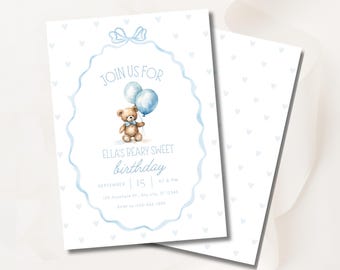 Bear Sweet Blue Birthday Boy Girl Coquette Digital Invitation Canva Template