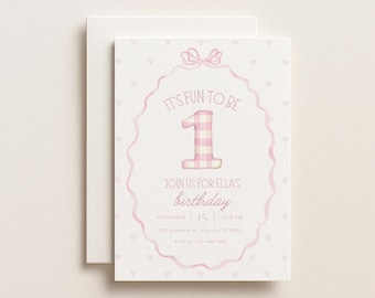 It's Fun To Be One Girl Pink Coquette Birthday Digital Invitation Canva Template