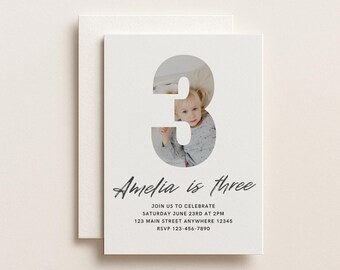 Third Birthday Boys Girls Number Three Photo Editable Digital Invitation Canva Template