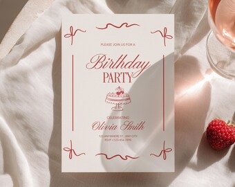 Elegant Lady Red Birthday Party Editable Digital Invitation Canva Template